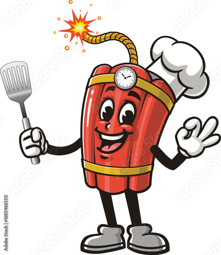 TNT Dynamite mascot cartoon holding a spatula and wearing a chef's hat