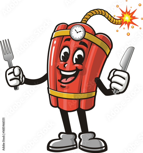 TNT Dynamite mascot cartoon holding a fork and knife