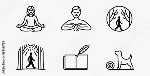 Collection of Lifestyle Icons Representing Wellness Mindfulness Creativity Nature and Companionship for Various Applications and Designs Promoting a Balanced Life