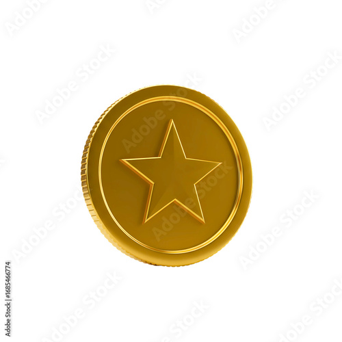 Golden coin with star emblem isolated on transparent background