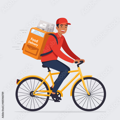 Smiling delivery person in red shirt and cap riding a yellow bicycle with an orange insulated bag