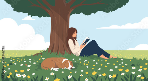 A person enjoys a quiet afternoon reading a book under a large tree in a field of colorful flowers with a dog sleeping peacefully beside them