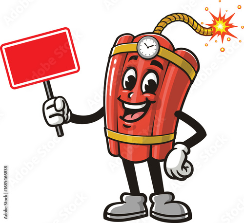 TNT Dynamite mascot cartoon holding a blank sign