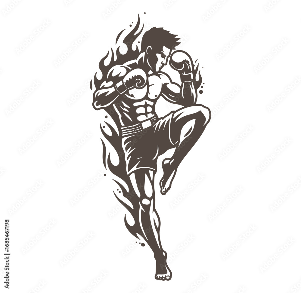Fototapeta premium Powerful boxer performing a high kick silhouette illustration with fiery flames around his body