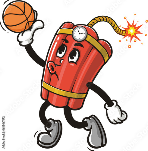 TNT Dynamite mascot cartoon playing slam dunk basketball