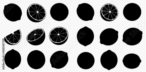 Black graphic silhouettes of whole, half, and quarter-cut lemons and limes on a transparent background.
