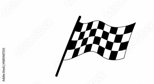 Black and white checkered racing flag waving on a pole against a white background symbolizing victory and competition