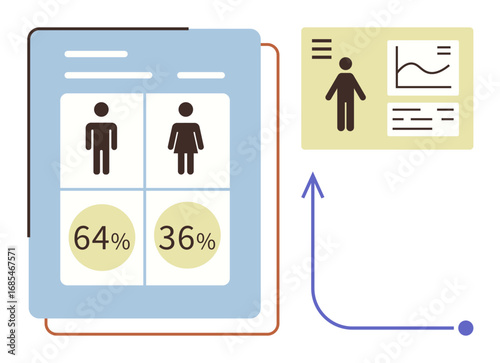 Gender data comparison with male and female icons, percentage distribution, charts, and upward curve. Ideal for data insights, demographics, surveys, research, education analysis visualization