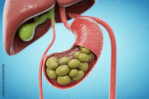 3d medical rendering of gallbladder with gallstones inside showing detailed anatomy of bile duct liver connection and common gallstone disease for clinical education