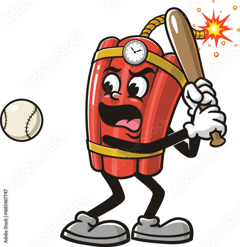 TNT Dynamite mascot cartoon playing baseball