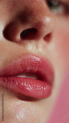 Close-up of Model Showcasing Freckles and Glossy Lips Against a Vibrant Pink ...