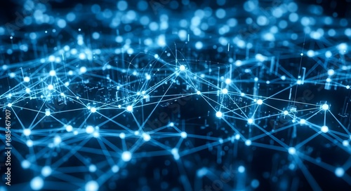 Abstract glowing blue network of interconnected nodes and lines representing digital data flow and connectivity