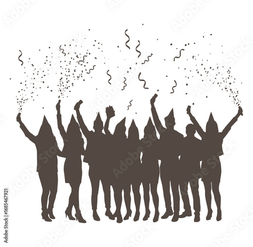 Silhouette of a group of people celebrating with confetti and party hats on white background