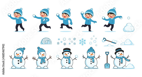 Delightful winter characters and snowy fun illustrations capturing joyful children and adorable snowmen engaged in seasonal activities creating a festive atmosphere