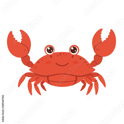 A cheerful cartoon red crab with big eyes and raised claws against a white background