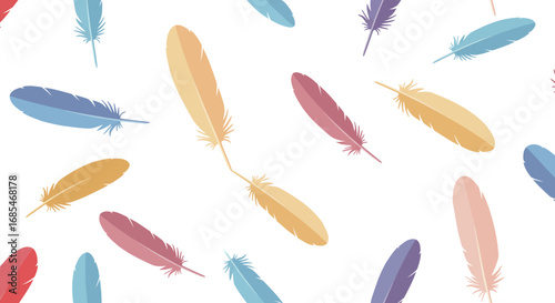 Seamless pattern of colorful delicate feathers floating gently against a clean white background