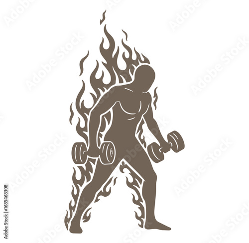 Silhouette of a muscular man lifting dumbbells with fiery flames surrounding his body