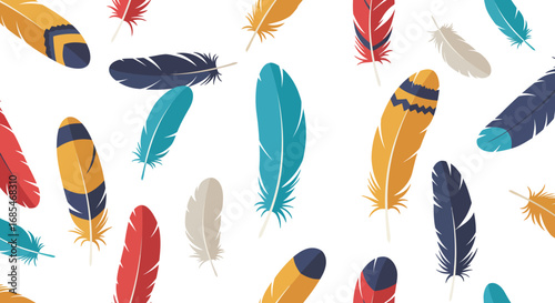 Vibrant collection of colorful bird feathers scattered across a clean white background seamless pattern