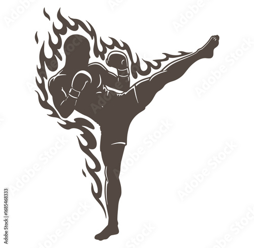 Silhouette of a muay thai fighter kicking amidst dynamic flame graphics