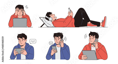 Illustrations depicting a young man interacting with various electronic devices showing different emotions and activities