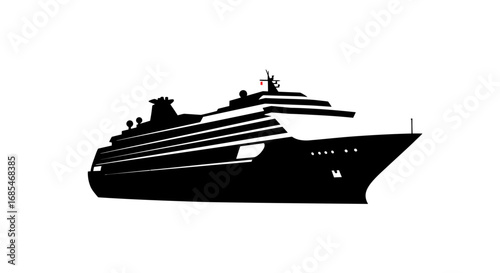 Sleek black silhouette of a modern passenger cruise ship sailing on the open sea
