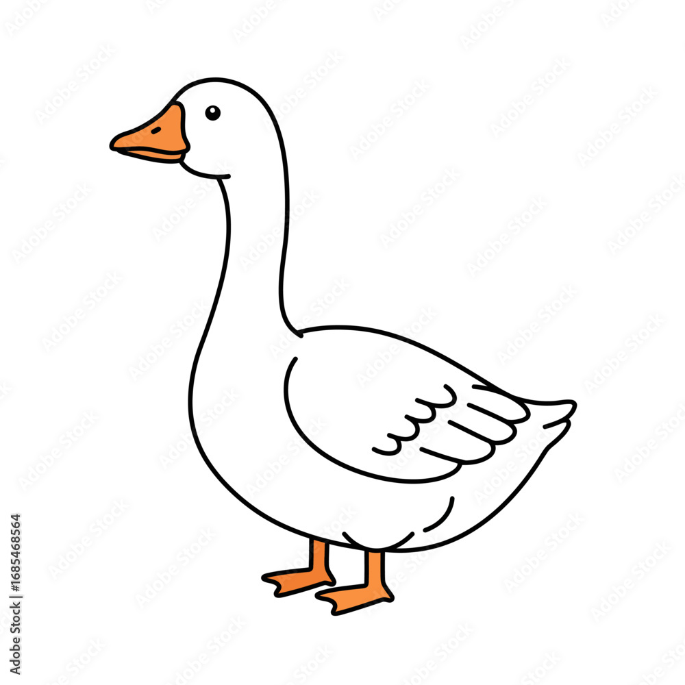 Obraz premium Simple cartoon illustration of a white goose standing gracefully with an orange beak and feet on a white background