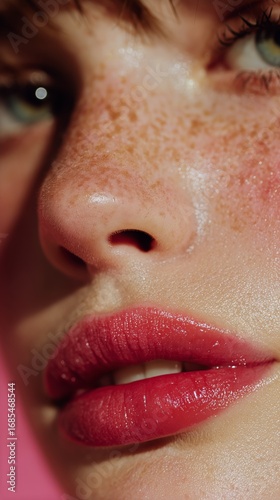 Enhancing Natural Beauty With Makeup and Vibrant Lip Color in a Close-Up View