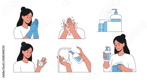 Illustrations demonstrating proper hand hygiene practices and hand sanitization procedures to prevent germ transmission