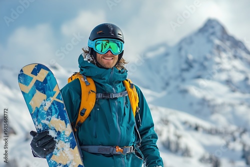 Snowboarder Poses With Equipment in the Mountains Under Cloudy Skies