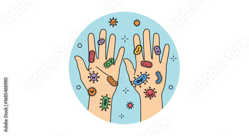 Visualizing microscopic organisms on human hands illustrating health and hygiene awareness concepts