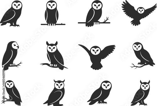 Owl bird silhouettes collection, perched flying owls on branches, nocturnal wildlife vector set, nature animals flat style illustration, owl icons