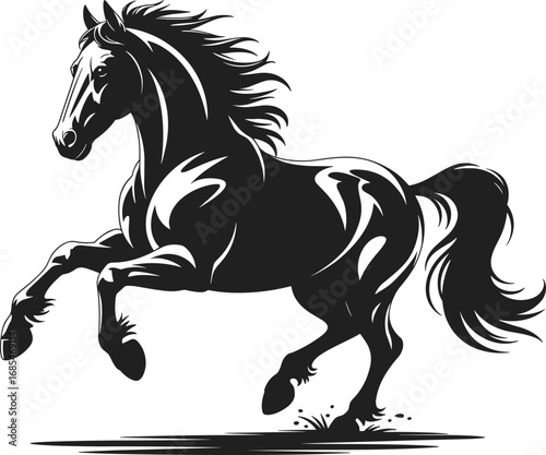 Running horse silhouette illustration, wild stallion in motion, black vector artwork, powerful animal design, equine energy symbol, speed and grace