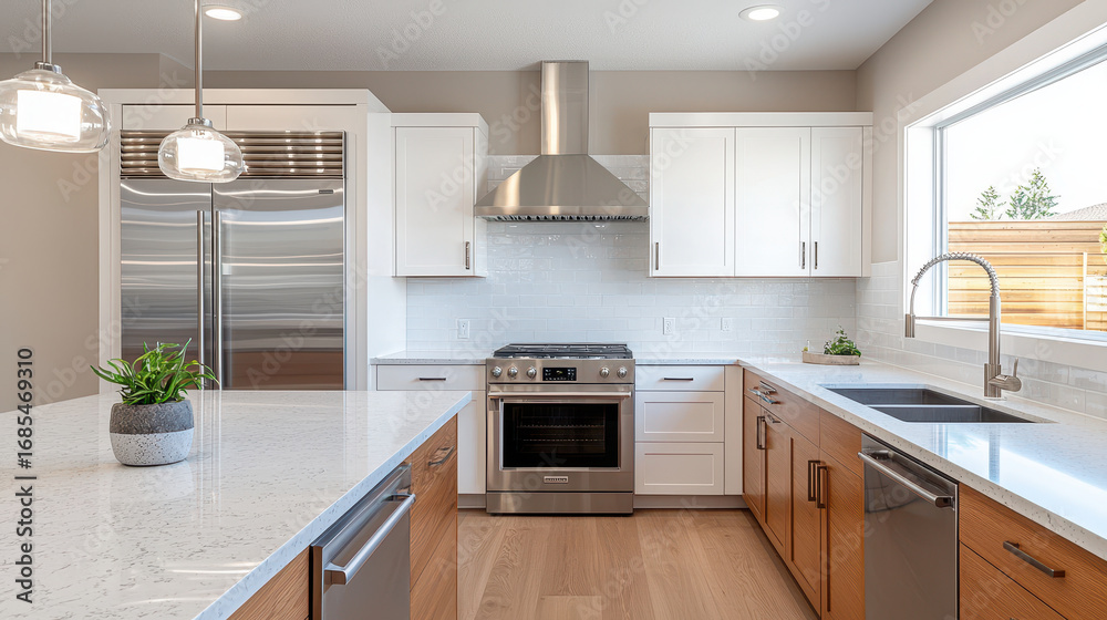 Fototapeta premium Modern kitchen design features sleek cabinetry, stainless steel appliances, and spacious layout. bright space is enhanced by natural light