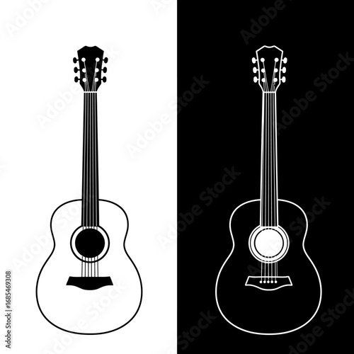 Two acoustic guitars one in white outline on black background and one in black outline on white background