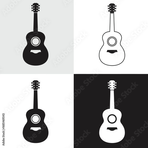 Four stylized acoustic guitar silhouettes in black and white on contrasting backgrounds representing musical creativity
