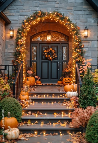 Fall Decoration With Pumpkins and Lights at a Cozy Entrance in the Evening