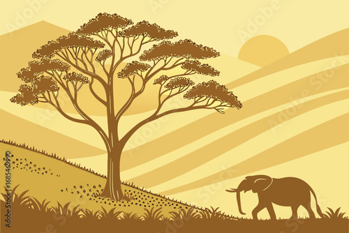Vector art of a serene african landscape with an elephant silhouette, a tree, and rolling hills under a setting sun, creating a peaceful and scenic vista