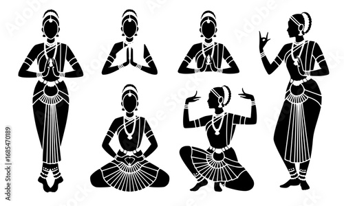 South Indian Bharatanatyam classical dance poses set silhouette vector illustration