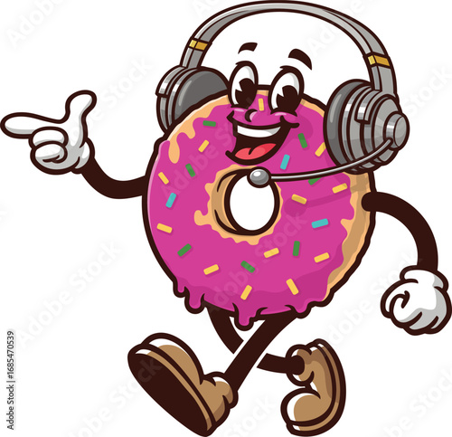 Donuts mascot cartoon wearing a headset or headphone