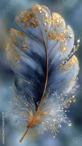 Delicate Golden Feathery Plant Glistens in Soft Light Against a Blue Background.