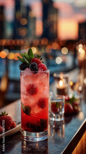 Refreshing Fruit Cocktail Served at Sunset in a Vibrant City Bar