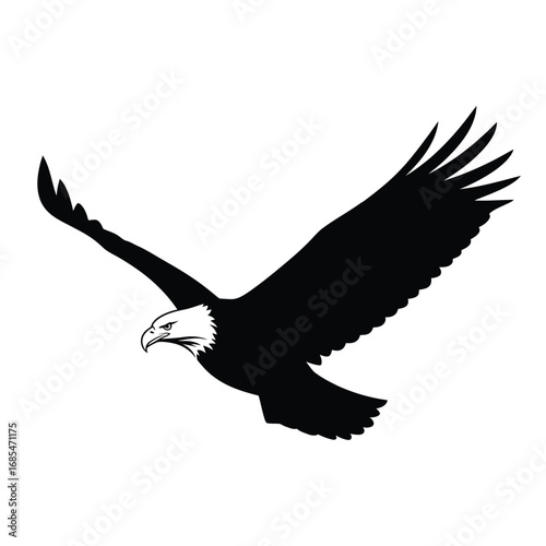 Silhouette of a bald eagle flying against a white background