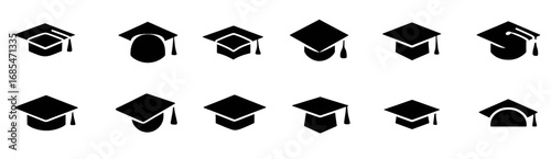 A grid of graduation cap icons, black and white