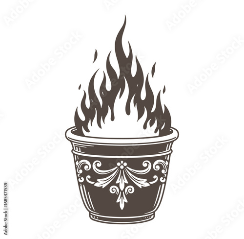 Vintage style illustration of a decorative pot with flames emanating upwards on white background