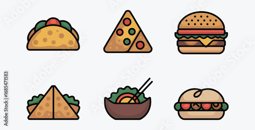 Delicious food icons showcasing taco pizza burger wrap salad and sandwich on a clean white background perfect for restaurant menus and food related designs
