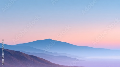 Misty pastel mountains in gradients of blue and pink under a soft sunrise sky, forming a tranquil dreamy abstract landscape with serene atmosphere