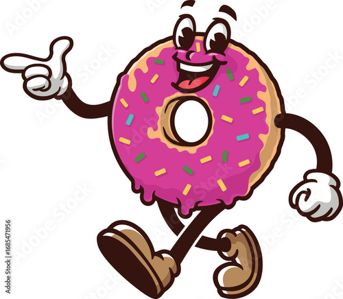 Donuts mascot cartoon is walking and finds an idea