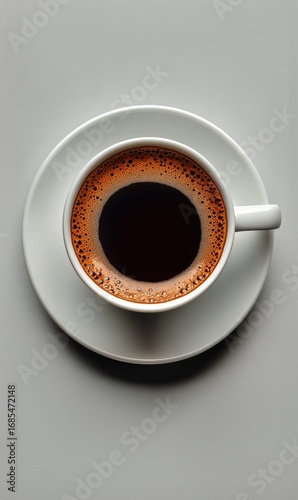 Freshly Brewed Coffee Served in a White Cup on a Saucer Against a Minimalisti...