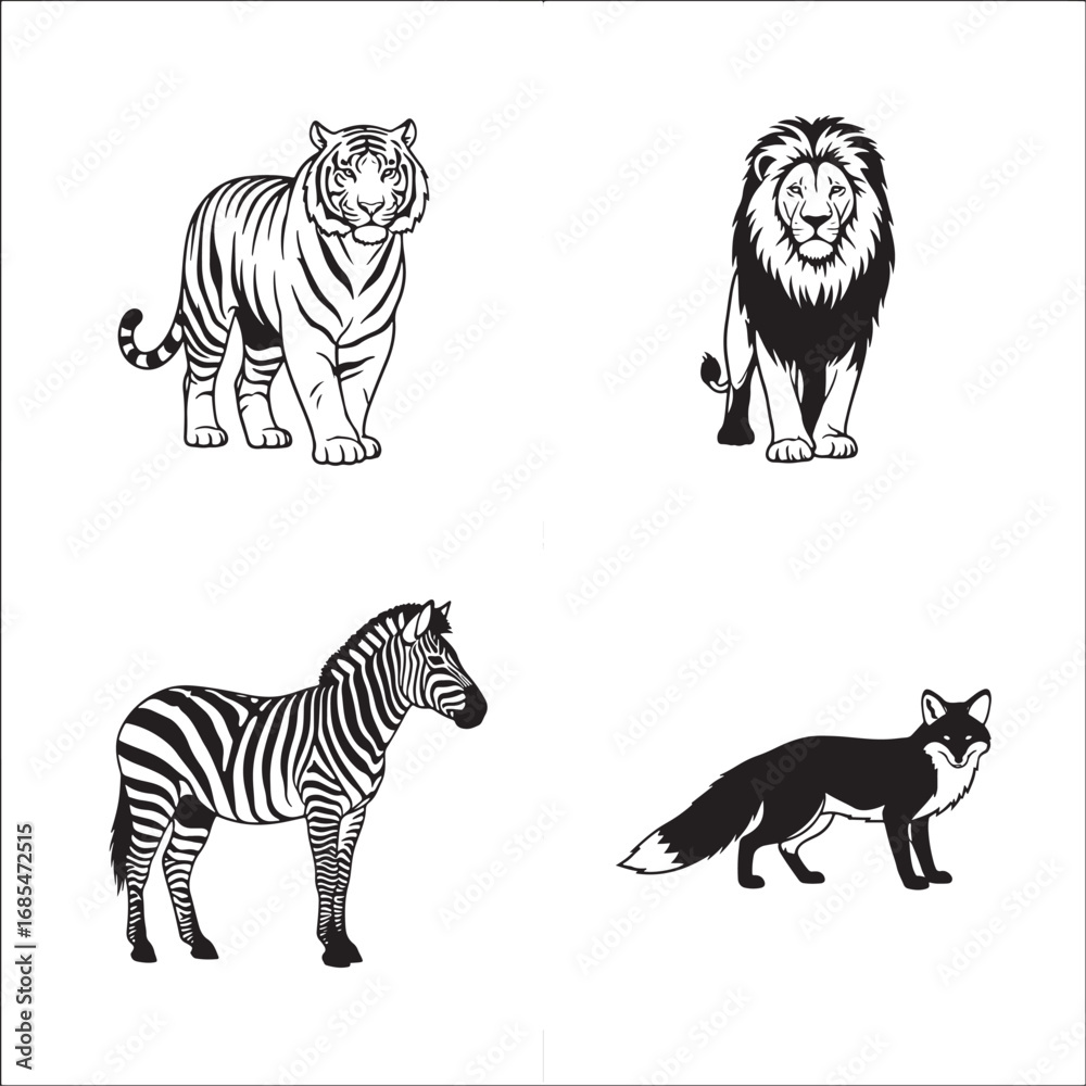 Obraz premium Variety of wild animals featuring a lion tiger zebra and fox in black and white