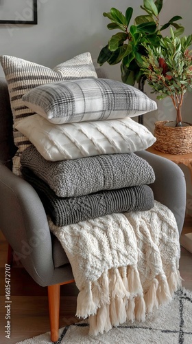 Cozy Living Room Chair With Layered Throw Blankets and Decorative Pillows in ...
